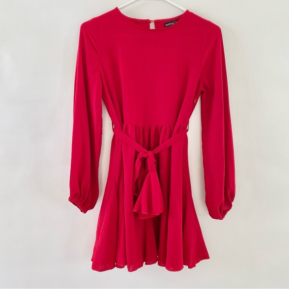 Petite Skater Mini Dress Blouson Long Sleeves Waist Tie Pleated Red 0 - Picture 2 of 16
